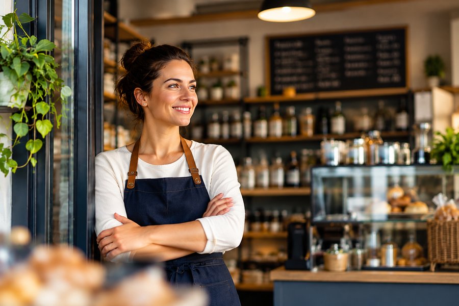 Dona de café no seu estabelecimento, cliente de contabilidade para pequenos negócios