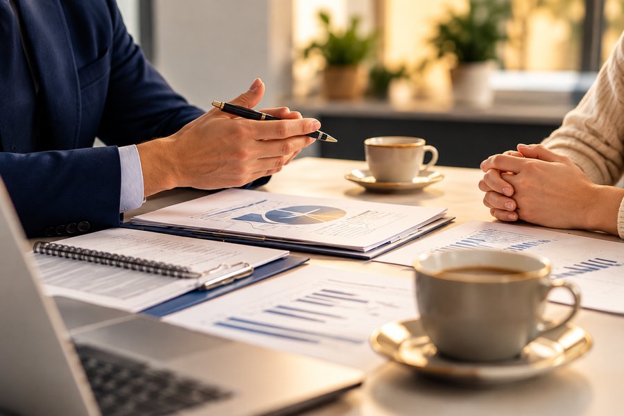 Reunião de consultoria fiscal e financeira com documentos e café sobre a mesa
